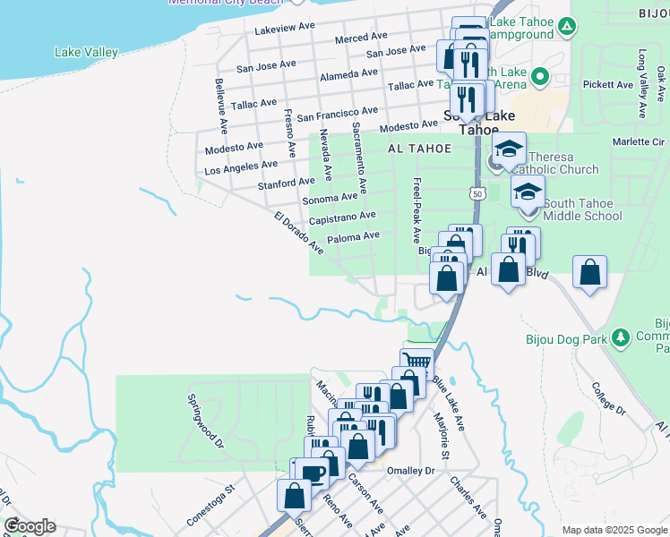 map of restaurants, bars, coffee shops, grocery stores, and more near 810 El Dorado Avenue in South Lake Tahoe
