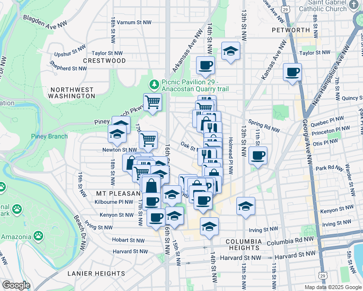 map of restaurants, bars, coffee shops, grocery stores, and more near 3511 Center Street Northwest in Washington