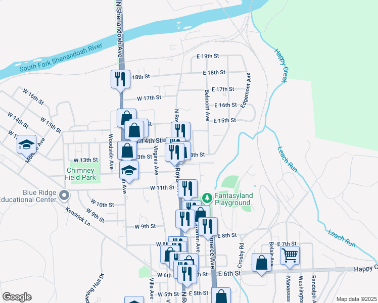 map of restaurants, bars, coffee shops, grocery stores, and more near 20 East 13th Street in Front Royal