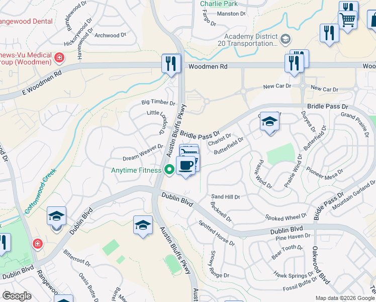 map of restaurants, bars, coffee shops, grocery stores, and more near 4734 Sand Mountain Point in Colorado Springs