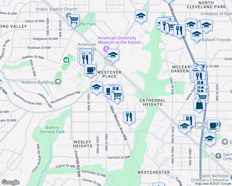 map of restaurants, bars, coffee shops, grocery stores, and more near 4331 Embassy Park Drive Northwest in Washington