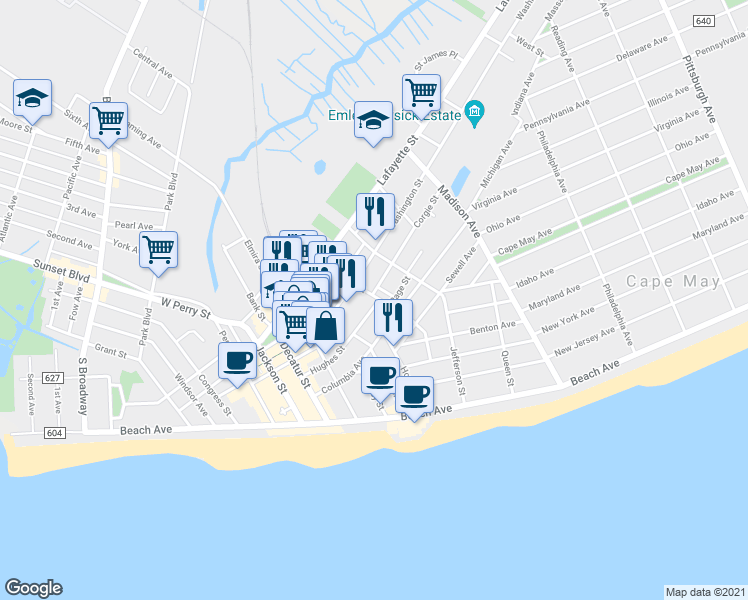 map of restaurants, bars, coffee shops, grocery stores, and more near 665 Hughes Street in Cape May