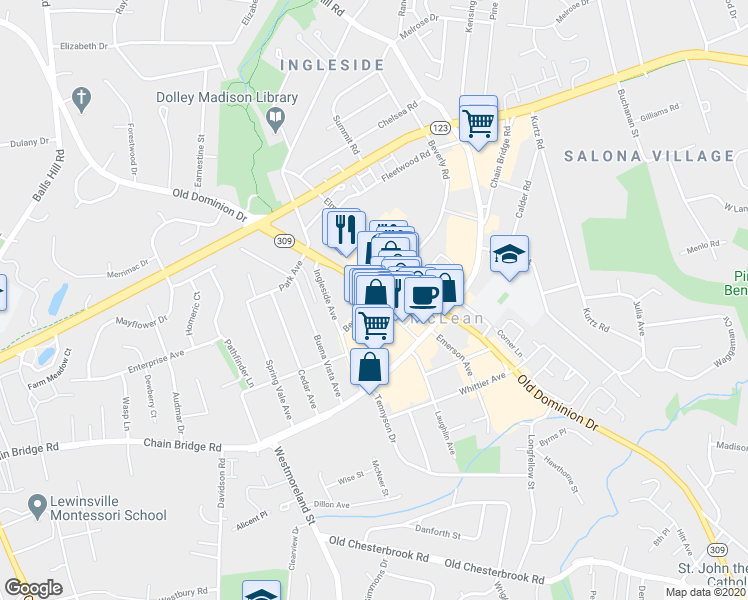 map of restaurants, bars, coffee shops, grocery stores, and more near 8115 Redmond Drive in McLean