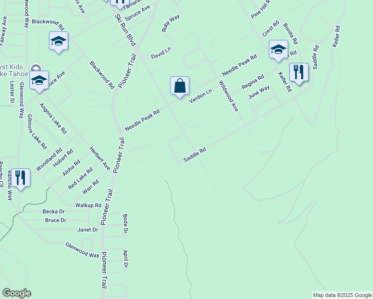 map of restaurants, bars, coffee shops, grocery stores, and more near 3634 Saddle Road in South Lake Tahoe