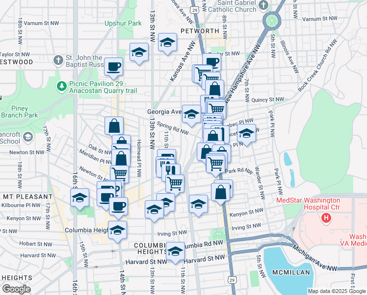 map of restaurants, bars, coffee shops, grocery stores, and more near 3548 Rock Creek Church Road Northwest in Washington