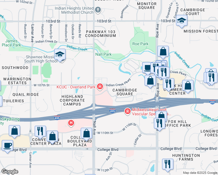 map of restaurants, bars, coffee shops, grocery stores, and more near 10787 Ash Street in Overland Park