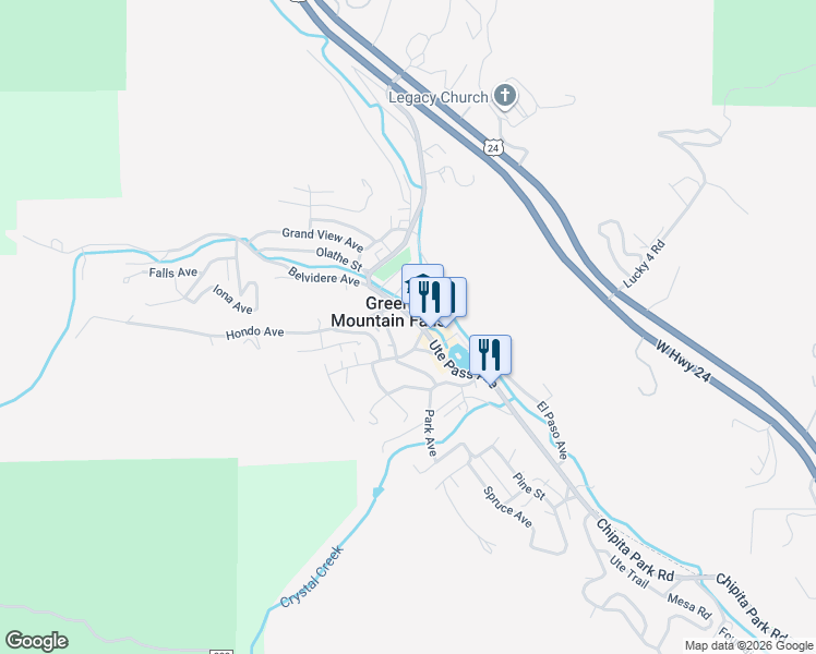 map of restaurants, bars, coffee shops, grocery stores, and more near 10580 Foster Avenue in Green Mountain Falls