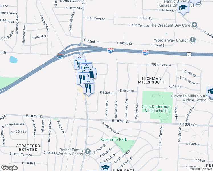 map of restaurants, bars, coffee shops, grocery stores, and more near 10415 Crystal Avenue in Kansas City