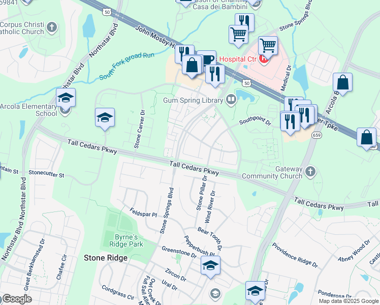 map of restaurants, bars, coffee shops, grocery stores, and more near 24688 Siltstone Square in Stone Ridge