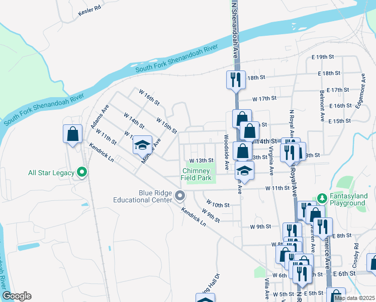 map of restaurants, bars, coffee shops, grocery stores, and more near 514 West 14th Street in Front Royal