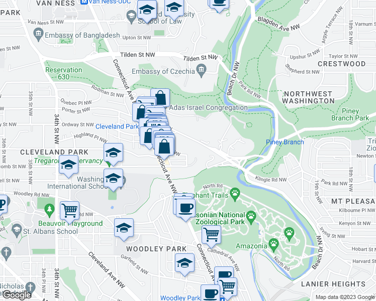 map of restaurants, bars, coffee shops, grocery stores, and more near 2711 Ordway Street Northwest in Washington