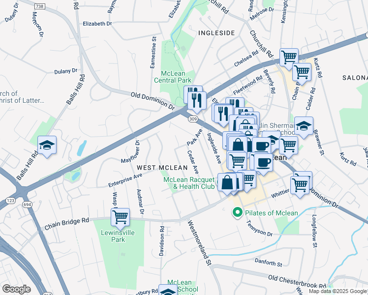 map of restaurants, bars, coffee shops, grocery stores, and more near 1404 Cedar Avenue in McLean
