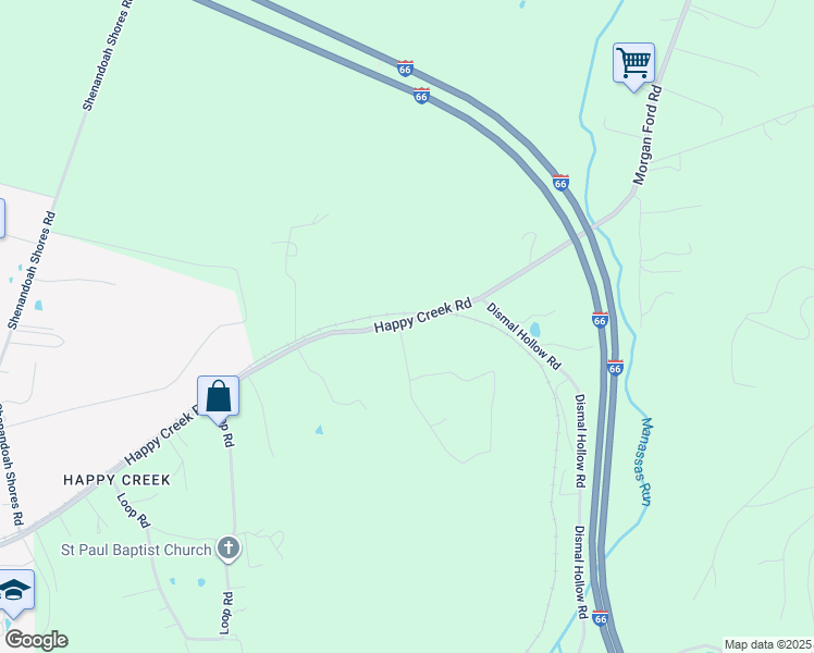 map of restaurants, bars, coffee shops, grocery stores, and more near 2450 Happy Creek Road in Front Royal