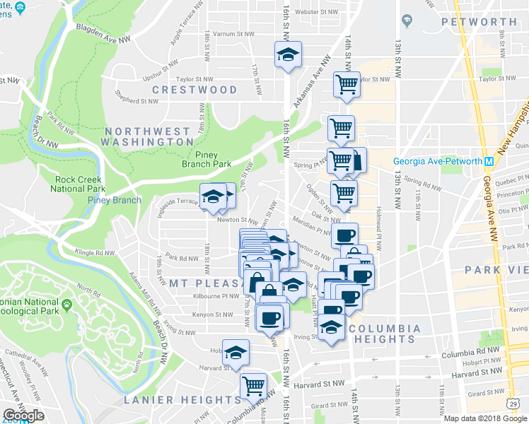 map of restaurants, bars, coffee shops, grocery stores, and more near 3420 Brown Street Northwest in Washington