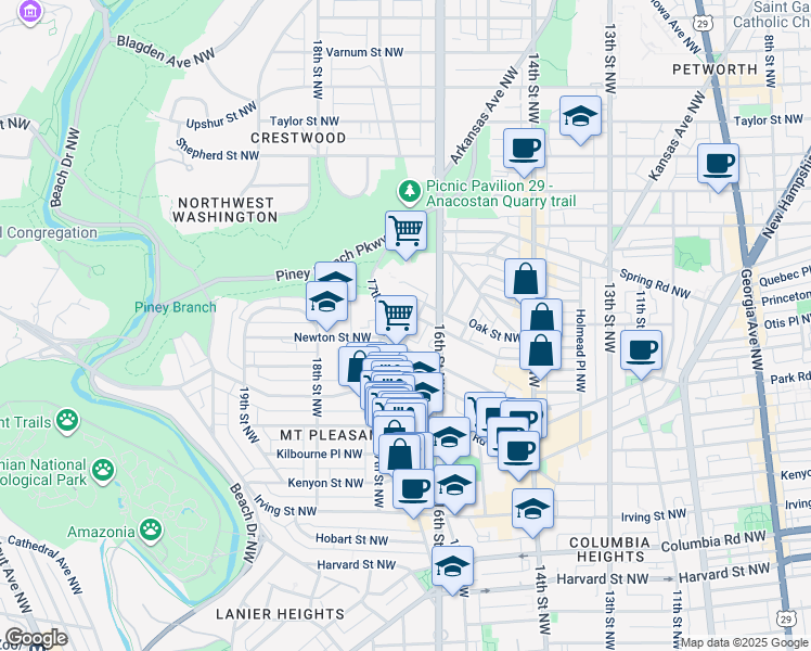 map of restaurants, bars, coffee shops, grocery stores, and more near 3420 Brown Street Northwest in Washington