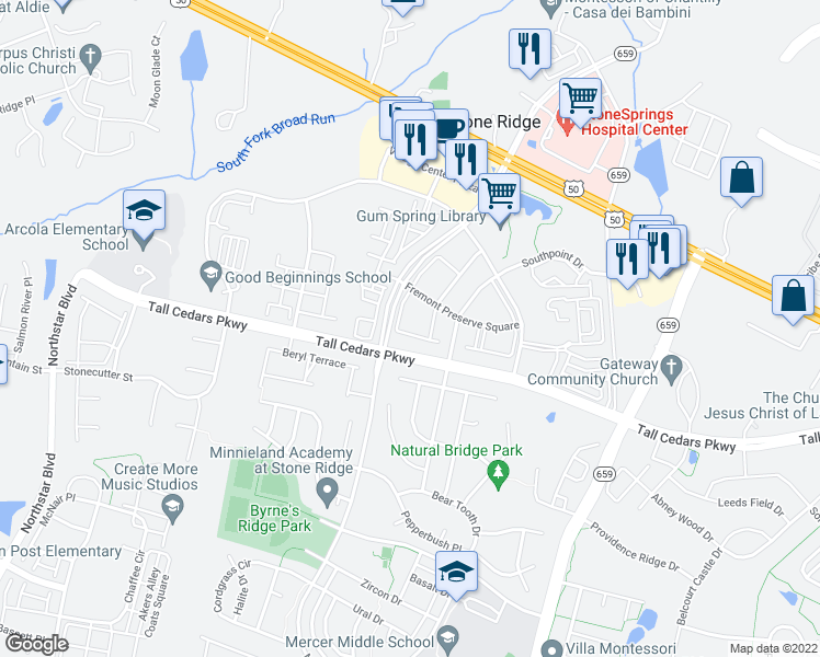 map of restaurants, bars, coffee shops, grocery stores, and more near 24686 Siltstone Square in Stone Ridge