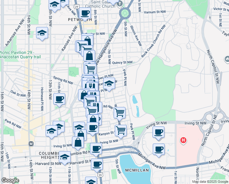 map of restaurants, bars, coffee shops, grocery stores, and more near 3573 Warder Street Northwest in Washington