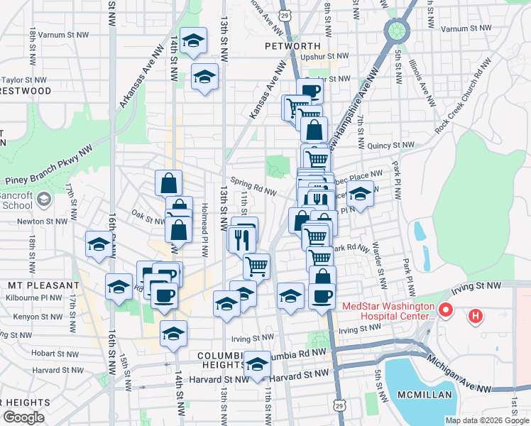 map of restaurants, bars, coffee shops, grocery stores, and more near Otis Pl NW & 10th St NW in Washington
