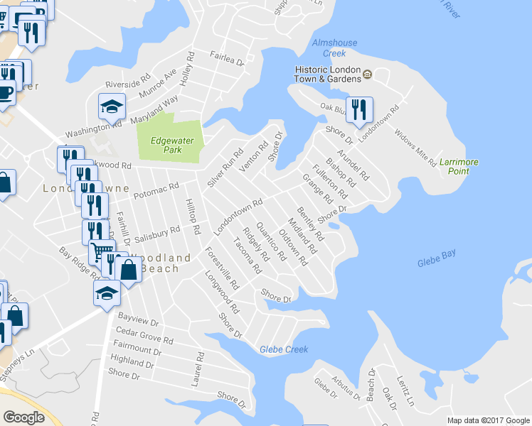map of restaurants, bars, coffee shops, grocery stores, and more near 1606 Oldtown Road in Edgewater