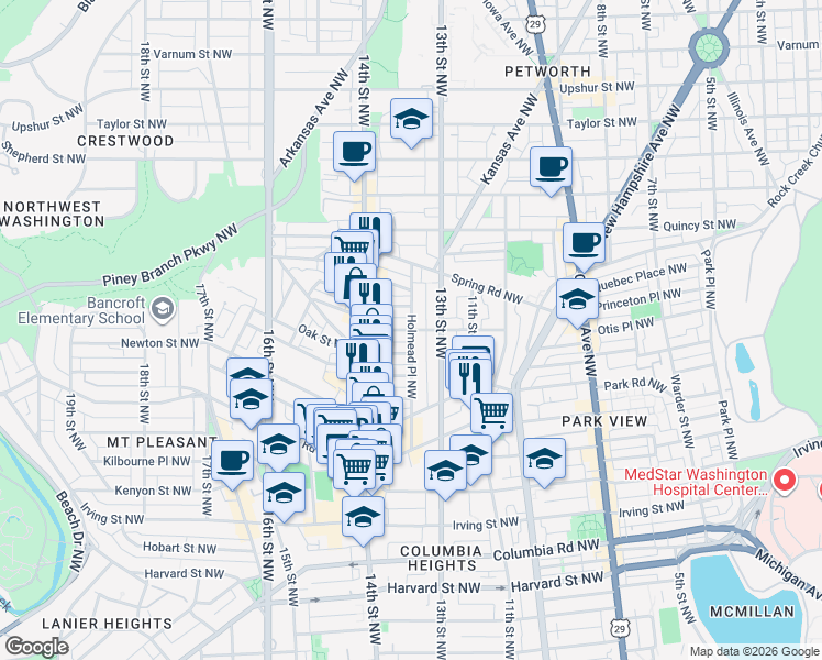 map of restaurants, bars, coffee shops, grocery stores, and more near Otis Pl NW & Holmead Pl NW in Washington