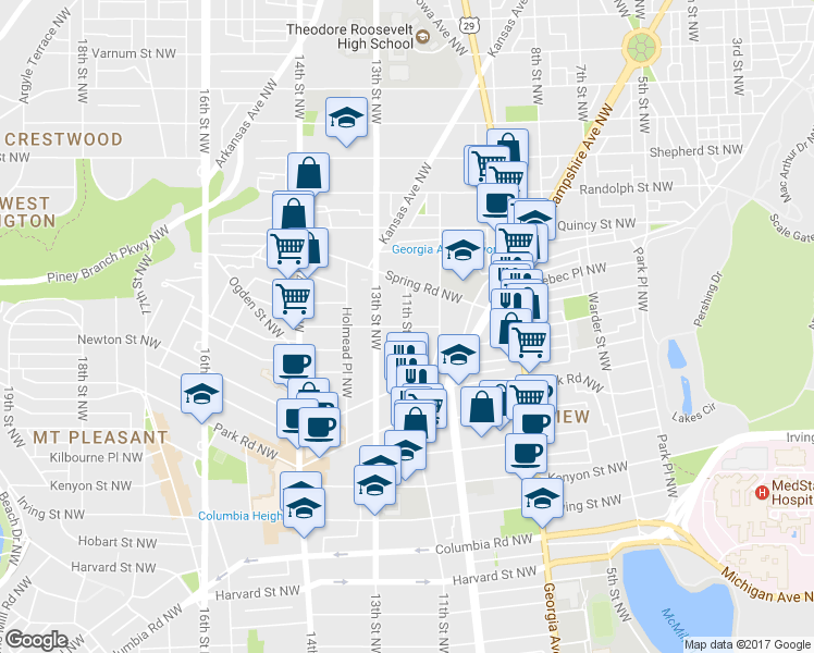 map of restaurants, bars, coffee shops, grocery stores, and more near 11th Street Northwest & Otis Place Northwest in Washington