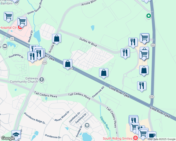 map of restaurants, bars, coffee shops, grocery stores, and more near 24710 Pantzlaff Farm Terrace in Dulles