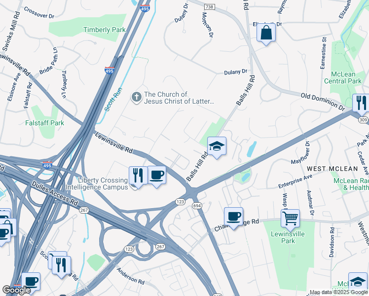 map of restaurants, bars, coffee shops, grocery stores, and more near 1405 Westby Court in McLean