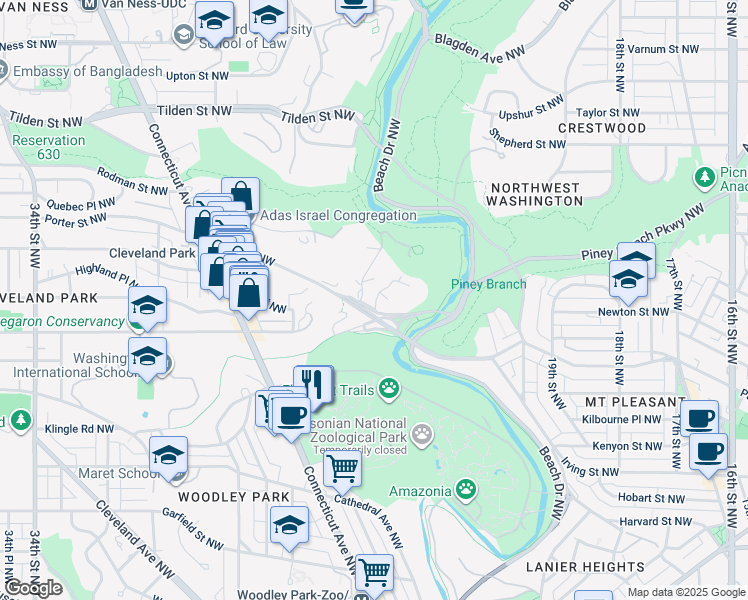map of restaurants, bars, coffee shops, grocery stores, and more near 2327 Porter St NW in Washington