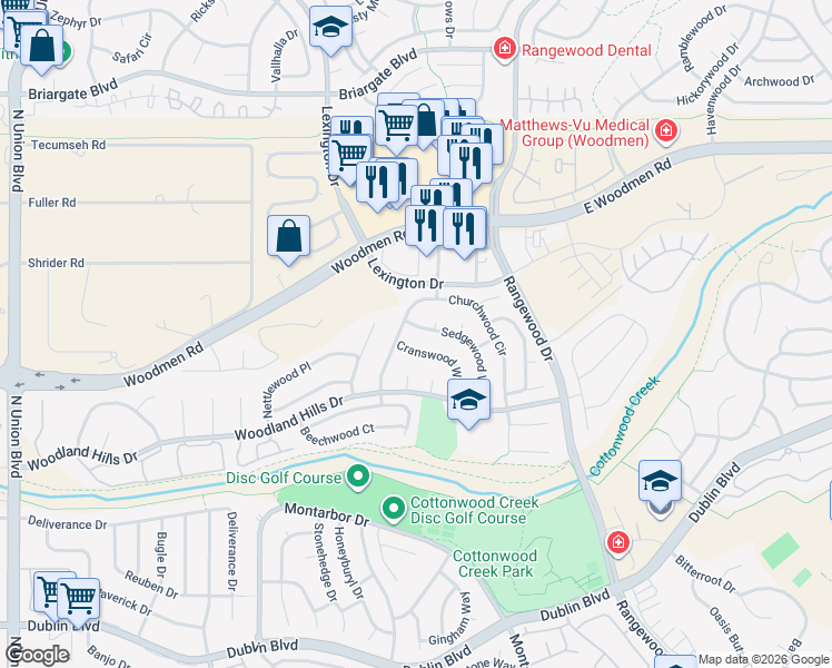 map of restaurants, bars, coffee shops, grocery stores, and more near 3535 Cranswood Way in Colorado Springs