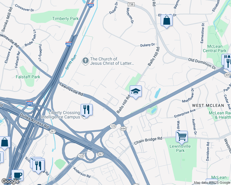 map of restaurants, bars, coffee shops, grocery stores, and more near 1405 Westby Court in McLean
