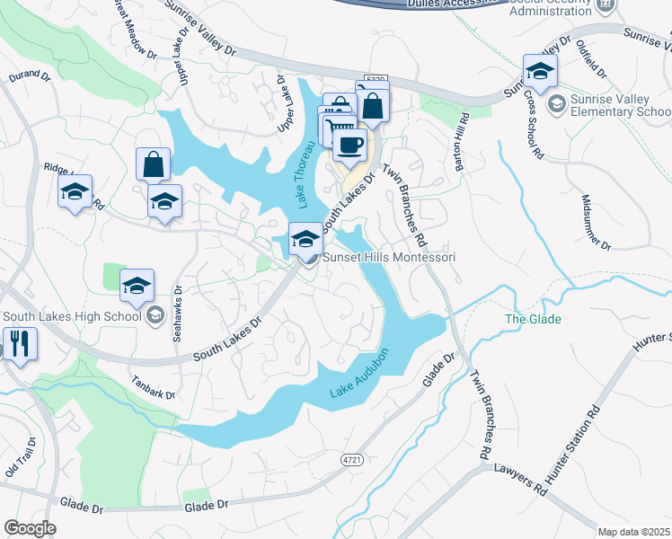 map of restaurants, bars, coffee shops, grocery stores, and more near 11119 Little Compton Drive in Reston