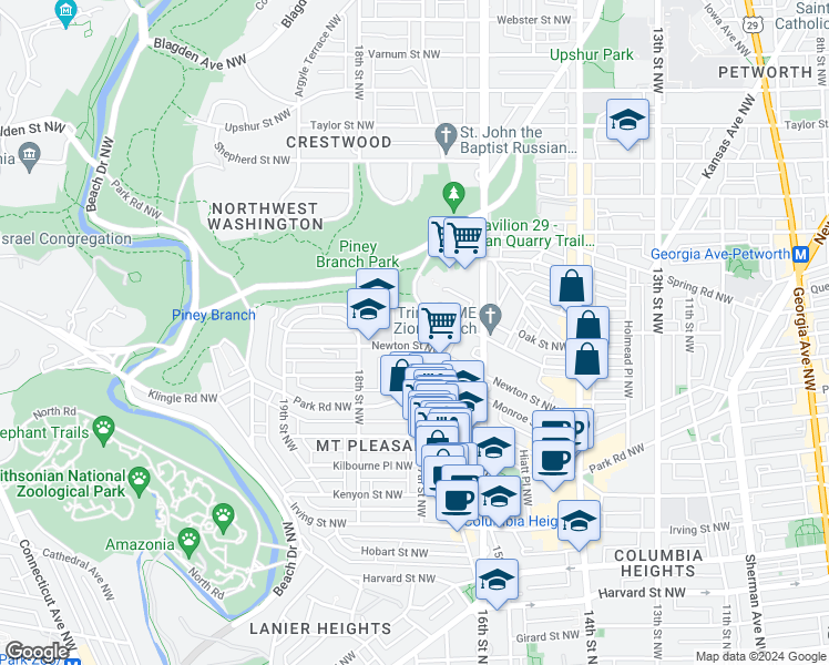 map of restaurants, bars, coffee shops, grocery stores, and more near 3410 17th Street Northwest in Washington