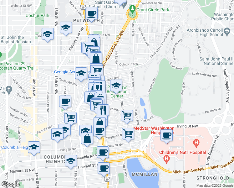 map of restaurants, bars, coffee shops, grocery stores, and more near 3560 Warder Street Northwest in Washington