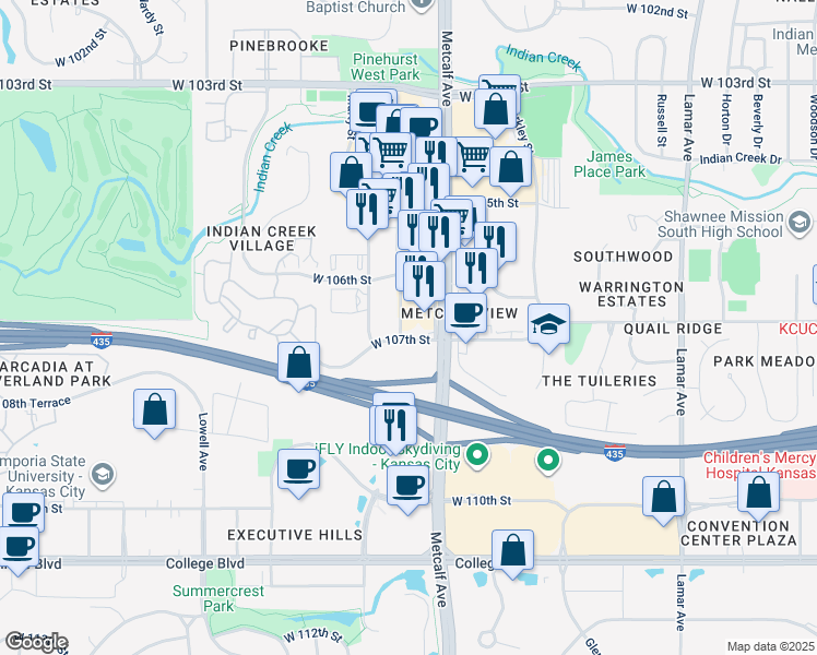 map of restaurants, bars, coffee shops, grocery stores, and more near 7201-7299 W 107th St in Overland Park