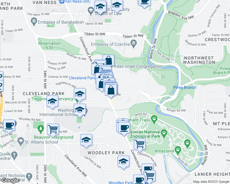 map of restaurants, bars, coffee shops, grocery stores, and more near 2736 Ordway Street Northwest in Washington