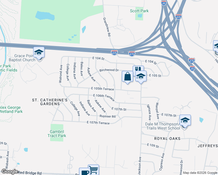 map of restaurants, bars, coffee shops, grocery stores, and more near 3702 East 106th Terrace in Kansas City