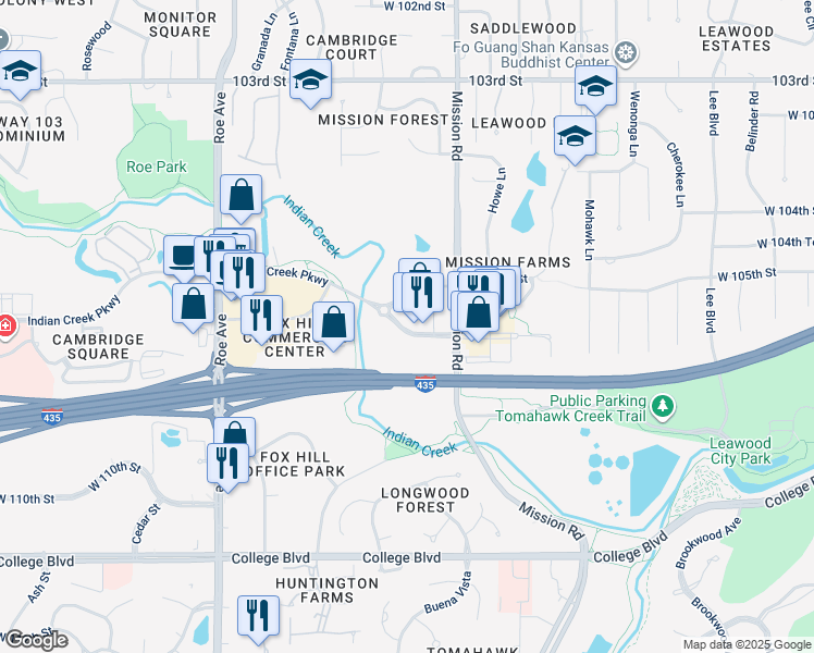 map of restaurants, bars, coffee shops, grocery stores, and more near 4001 Indian Creek Parkway in Overland Park