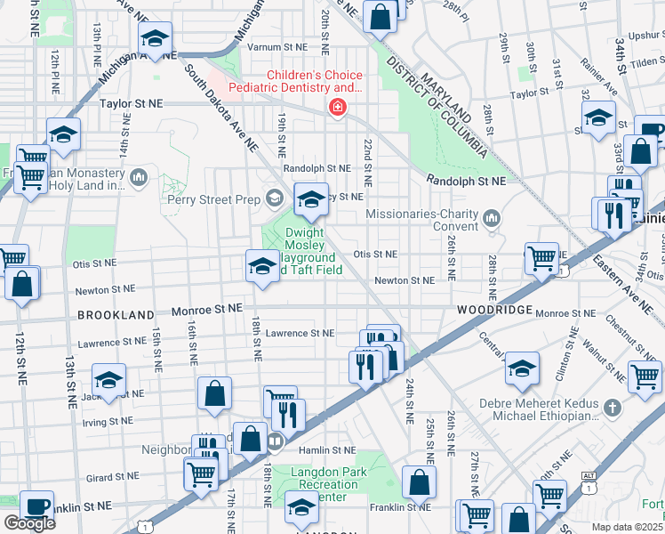 map of restaurants, bars, coffee shops, grocery stores, and more near 3615 20th Street Northeast in Washington