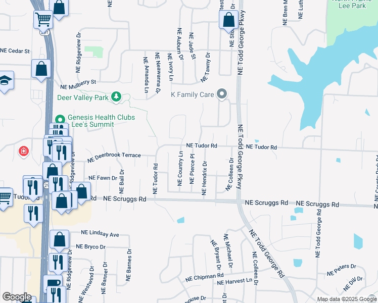 map of restaurants, bars, coffee shops, grocery stores, and more near 1213 Northeast Country Lane in Lee's Summit