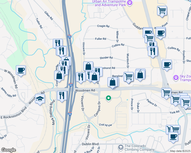 map of restaurants, bars, coffee shops, grocery stores, and more near 7035 Campus Drive in Colorado Springs
