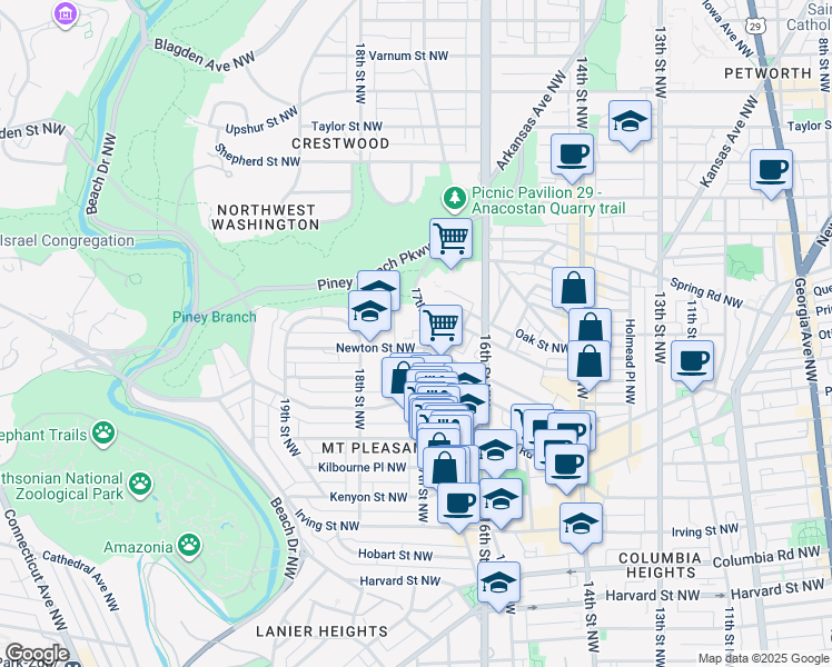 map of restaurants, bars, coffee shops, grocery stores, and more near 3410 17th Street Northwest in Washington