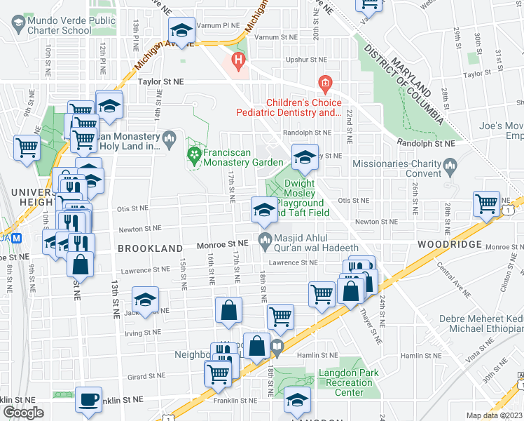 map of restaurants, bars, coffee shops, grocery stores, and more near 3617 18th Street Northeast in Washington
