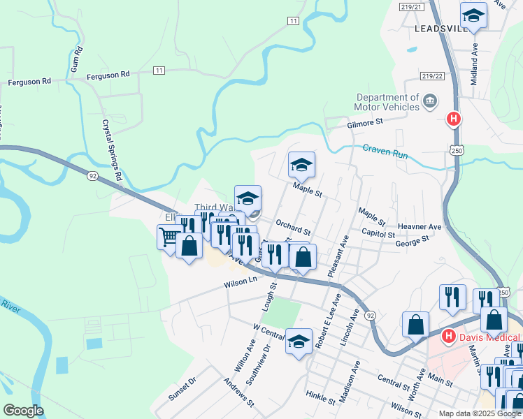 map of restaurants, bars, coffee shops, grocery stores, and more near 302 Nathan Street in Elkins