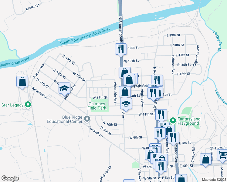 map of restaurants, bars, coffee shops, grocery stores, and more near 1325 Woodside Avenue in Front Royal