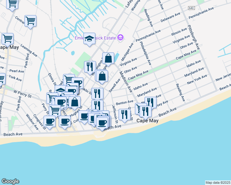 map of restaurants, bars, coffee shops, grocery stores, and more near 918 McCullum Avenue in Cape May