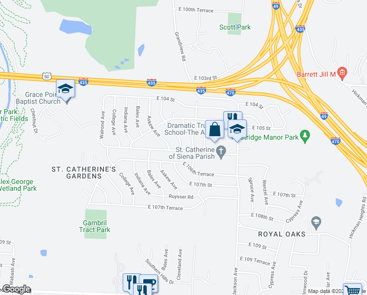 map of restaurants, bars, coffee shops, grocery stores, and more near 3702 East 106th Terrace in Kansas City