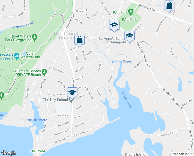 map of restaurants, bars, coffee shops, grocery stores, and more near 129 Lee Drive in Annapolis