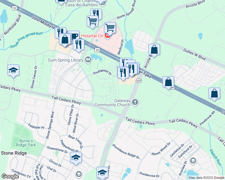 map of restaurants, bars, coffee shops, grocery stores, and more near 42301 San Juan Terrace in Aldie