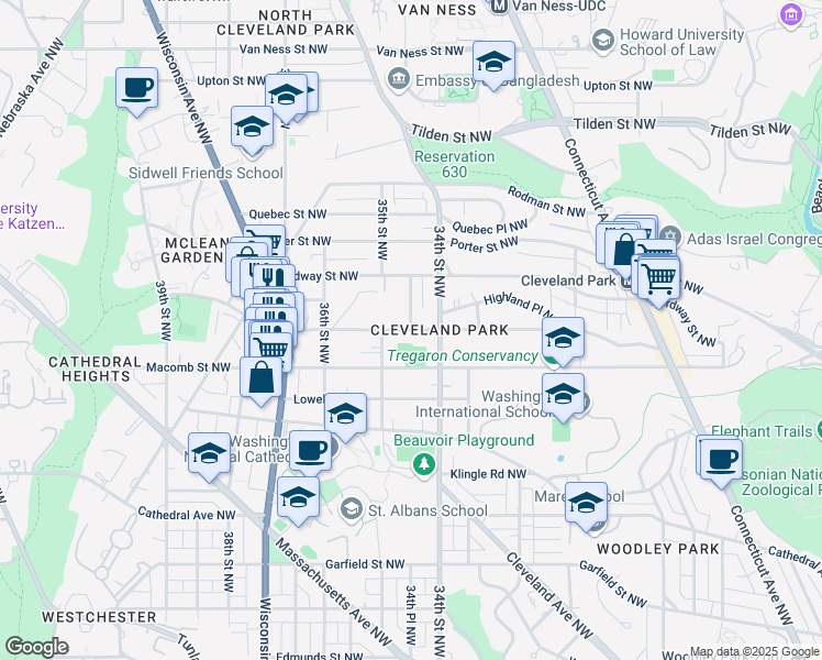 map of restaurants, bars, coffee shops, grocery stores, and more near Newark Street Northwest in Washington