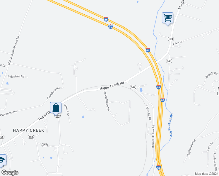 map of restaurants, bars, coffee shops, grocery stores, and more near 2474 Happy Creek Road in Front Royal